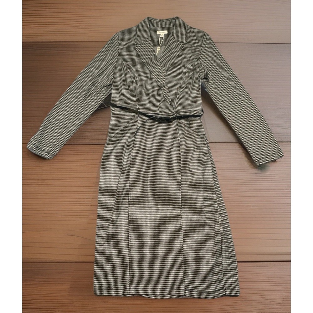 Max Studio Wrap Midi Dress Black White Belted Long Sleeve Pockets Career‎ NEW M